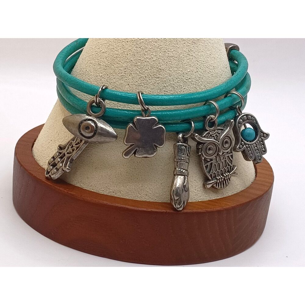 Vintage Leather Bracelet Adorned with Silver Tone Luck Protection & Wisdom Charm